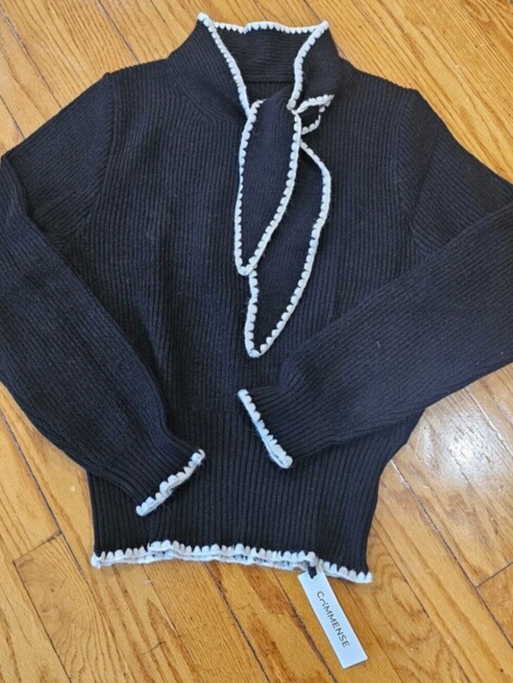 Commense Black Ribbed Sweater with White Trim Tie Detail XL